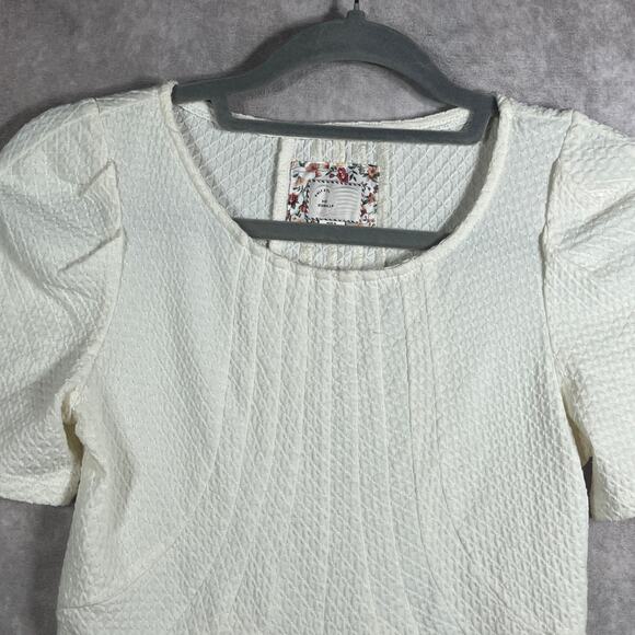 Anthropologie Postmark Blouse XXS Cream Textured Short Sleeve‎ Puff Shoulder - Picture 2 of 9
